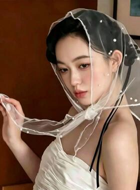 登记领证头纱新娘头饰超仙结婚拍照道具短款森系婚纱软纱法式简约