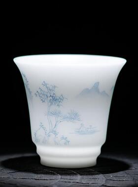 大师冰种主人杯手绘羊脂玉白瓷品茗高档陶瓷家用大号茶盏茶杯单杯