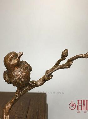 红皮色合金喜鹊枝头小摆件 金属树枝小鸟造型枝头鸟桌面小摆件
