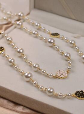 Luxury Camellia Multilayer Long Pearl Necklace Brand Design
