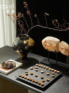 古典家俱展厅新中式酒店大堂玄关黑色染金艺术花瓶插花摆件高级感