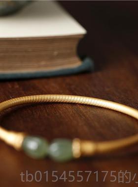 正品小银匠s95纯古手镯女和田碧玉古法金兰银花2开口复中国风镯子