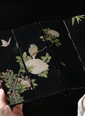 大相莲花 中式桌面屏风摆件 木质 双面图案 可折叠摆台 迷你隔断