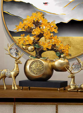 新中式事事如意柿子摆件吧台收银台黄水晶发财树餐边柜客厅装饰品