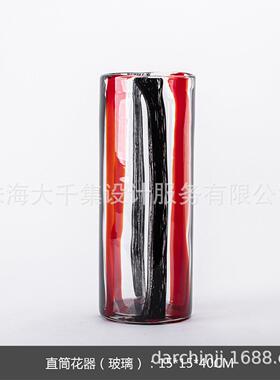 现风百搭彩色直筒红黑条纹纯手工玻璃花插花器家居软装摆件