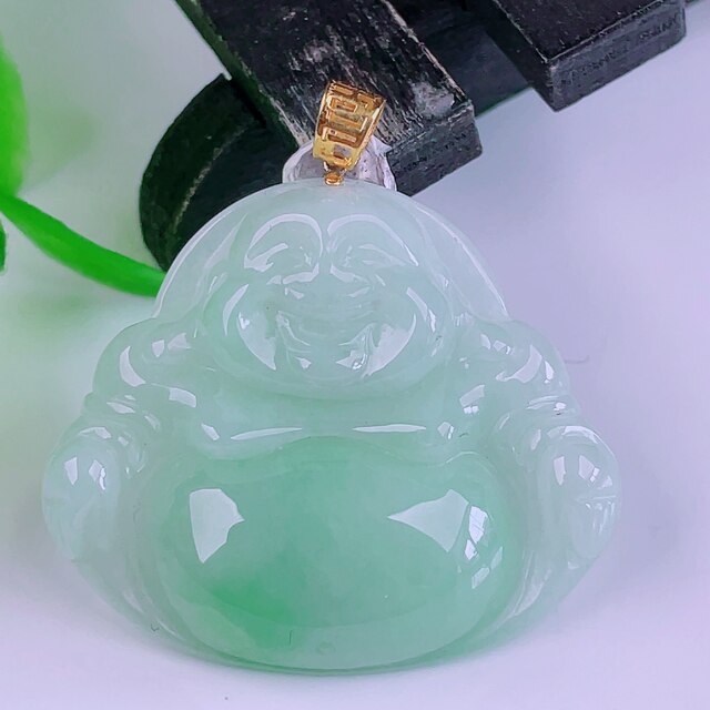 Burmese natural genuine jadeite 18k gold buckle ice type floating sun green full of floating flowers flashing Buddha jade pendant 6.90g