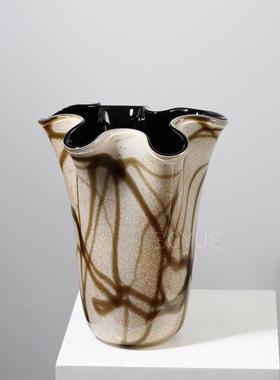 中古风棕色不规则条纹大口琉璃花瓶创意轻奢样板间诧寂风艺术软装