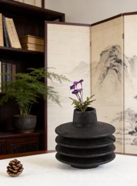 厂家销售手制新中式碳化栗木哑铃黑色花家居别墅艺术装饰摆件