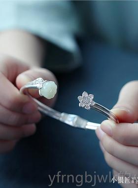 新款沉离香屑同款不纯银和田玉如手镯女开口莲花古风蓬莲步离镯夏