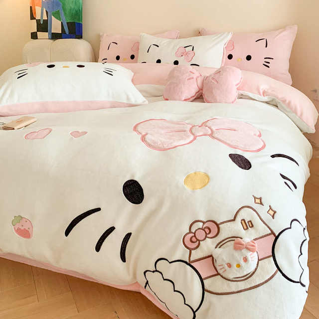 Fleece coral double-sided flannel cartoon set four-grade velvet milk plus thickened cute cat quilt cover bed sheet
