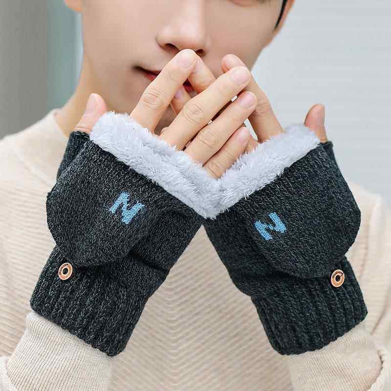 手套男冬季保暖防寒学生写字翻盖韩版半指加绒加厚棉毛线 线露指,淘宝优惠券,粉丝福利购,淘宝优惠卷