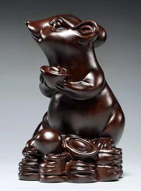 【厂家直销】实木木雕老鼠摆件十二生肖风水木质鼠家居装饰红木工