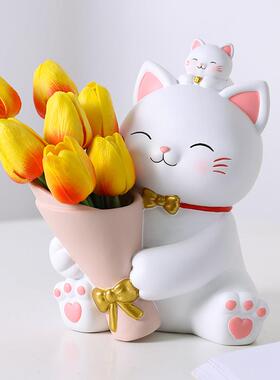 招树财猫花摆件奢脂工艺插花轻办公桌面装MM9122-2饰捧乔迁新居礼