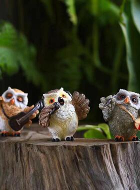 热销猫头鹰乐队动物摆件阳台窗台微景观装饰家居桌面工艺品