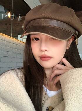 美拉德棕色贝雷帽女秋冬季2026新款复古画家帽子显脸小报童八角帽