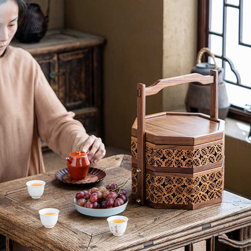 中式点心提盒胡桃木茶具收纳盒防尘户外野餐提篮漆器食盒多层手提,淘宝优惠券,粉丝福利购,淘宝优惠卷