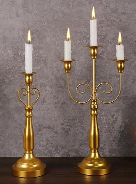 跨境新品铁艺金属带花纹烛台欧式简约复古铁艺烛台复古餐桌摆件装