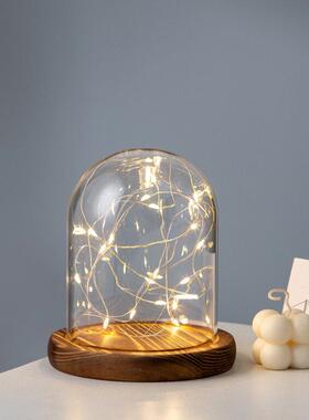 促销DIY永生花玻璃罩创意摆件居家装饰透明防尘 火树银花底座带灯