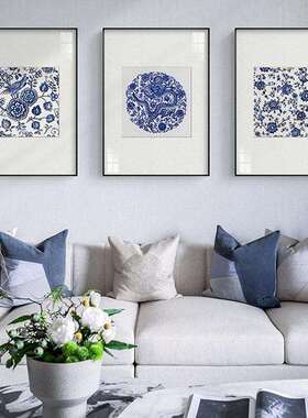 青花墨海新中式客厅三联装饰画蓝色青花瓷挂画中国风餐厅背景壁画
