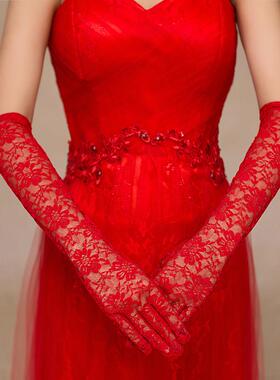 高级感婚纱手套新娘结婚礼服敬酒服短款蕾丝钻饰长款红白黑色简约