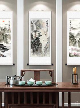 迎客松国画山水画客厅装饰画玄关走廊竖版挂画招财风水丝绸卷轴画