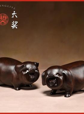 黑檀木雕福猪摆件实木质十二生肖猪一对家居客厅寓意装饰工艺礼品