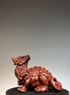 紫檀绿家檀木雕白泽祥瑞神兽摆件手把供奉车件内中96834590控装饰