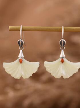 网红- S925银吊坠 复古时尚树叶水滴玛瑙和田玉银杏叶女款耳坠