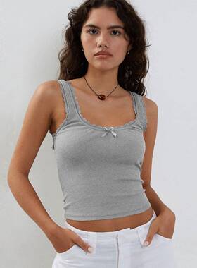 Women's Lace Trim Crop Tank Top, Style Solid Sleeveless Crop