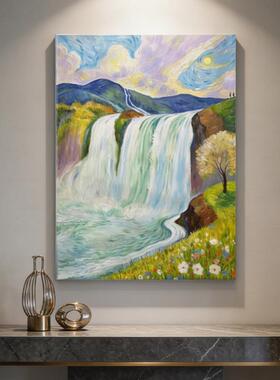 流水生财清新瀑布风景装饰画现代简约客厅挂画玄关艺术感小众壁画