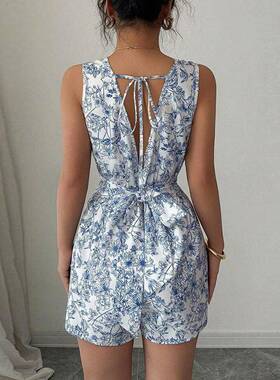 Women'S Sleeveless Square Neck Backless Floral Print,