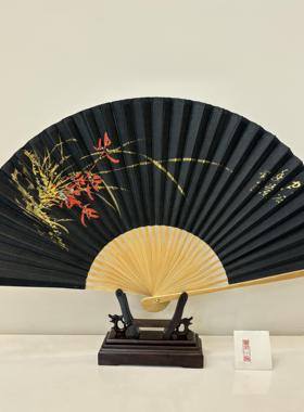正宗荣昌非遗折扇9寸10寸真丝绸缎手绘金竹兰草楠竹30方竹子黑扇