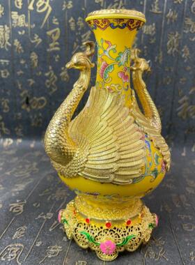 工艺品仿古鎏金镂空底座孔雀花瓶黄色收藏摆件家居装饰工艺品