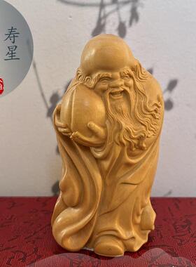 小叶件黄杨艺GCY木宠雕手把件抱桃寿星公南极仙翁摆创意茶实木工