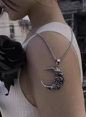 复古哥特风玫瑰花项链暗黑月亮吊坠欧美ins个性街头潮酷毛衣链女