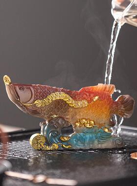 摆财变招色金龙鱼茶宠茶摆件精品可养创意小金84512045鱼桌茶玩配
