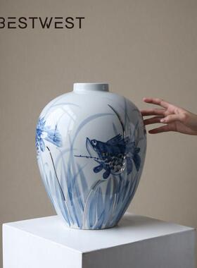 轻奢高级感青花瓷花瓶摆件景德镇陶瓷花器新中式客厅餐桌水培器皿