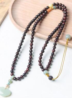 印度小叶紫檀吉祥如意脖挂项链搭配和田玉吊坠装饰男女款脖挂项链