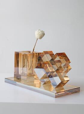 现代轻奢水晶花器摆件客厅书房茶几餐桌装饰带收纳家居几何摆件
