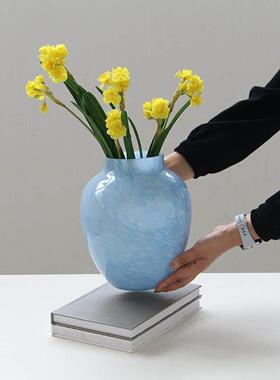 北欧中古淡粉色玻璃花鲜花郁金香圆桶花器颜值插花客厅装饰摆