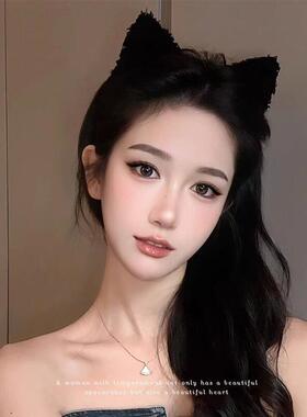可爱猫咪脸发箍毛97408绒猫耳朵发饰洗脸减头箍显小龄秋冬色黑小