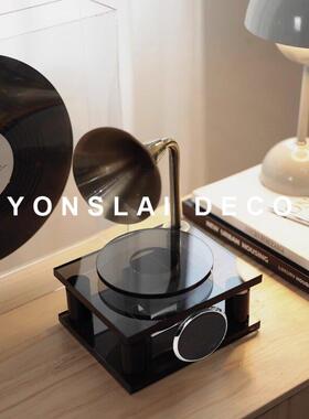 简约现代高端感留声机模型黑胶唱片摆件水晶装饰品样板间桌面软装