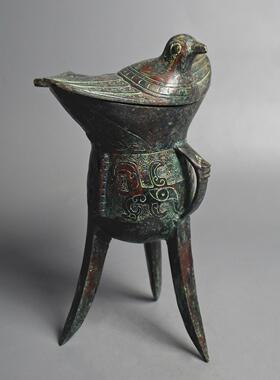 青铜器做旧西周爵杯燕盖爵纯铜工艺品摆件博古架装饰摆件收藏品