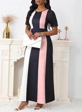 Women'S Patchwork Pocket Round Neck A Line Dress, Elegant
