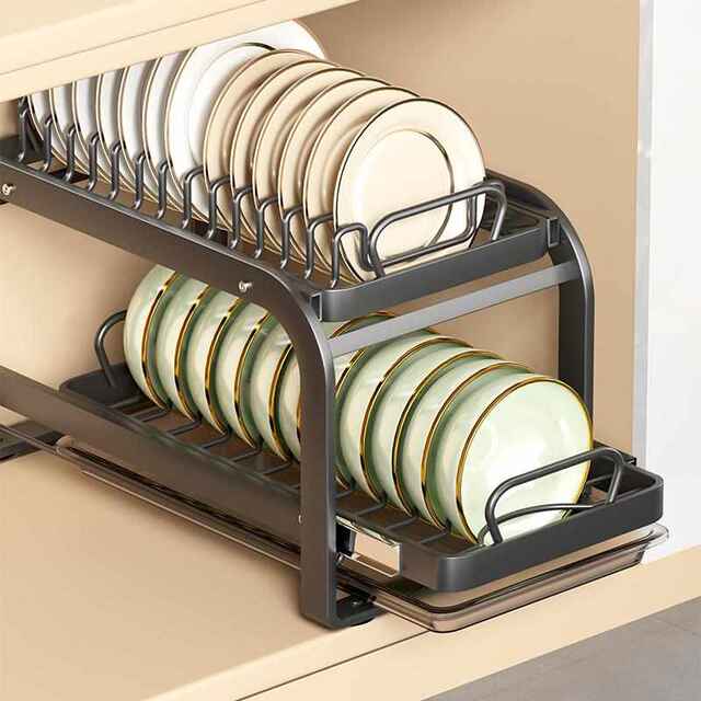 Kitchen pull-out dishes storage rack cabinet bowl rack pull-out basket drawer type bowl plate dish drain storage rack stainless steel