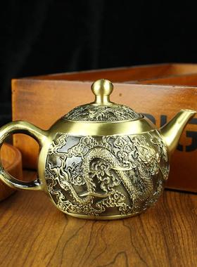 黄铜龙凤山水茶壶家居茶桌茶具纯铜摆件龙凤呈祥小茶壶会销礼品