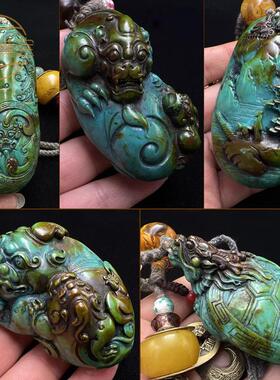 A古玩复古包浆五帝铜钱配饰绿松石刻龙龟手把件貔貅山水龙手抓件
