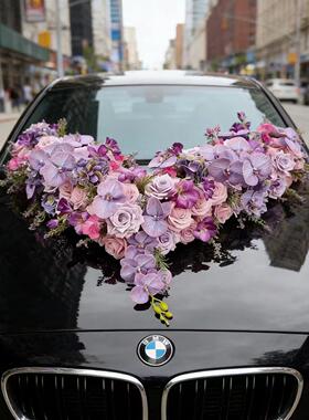 婚车装饰车头花全套绢花结婚高级感2026仿真花主婚车布置车头吸盘