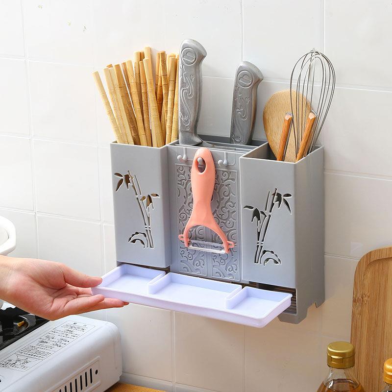 Wall-mounted chopstick barrel with drain tray, kitchen chopstick cage, drain rack, household chopstick barrel kitchen storage box
