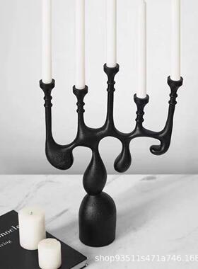 黑色五头烛台中古风摆件家居简约民宿餐厅烛光晚餐法式蜡烛台座